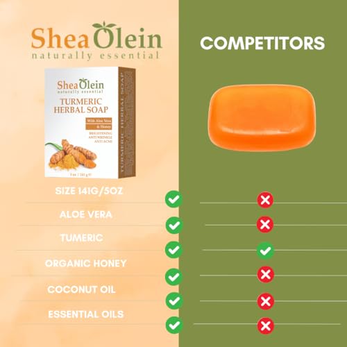 Shea Olein Turmeric & Aloe Vera Soap Bar, 5Oz (Pack of 6), Natural Organic Body Cleanser with Honey & Coconut Oil, Nourishes and Revitalizes Skin With Essential Oils