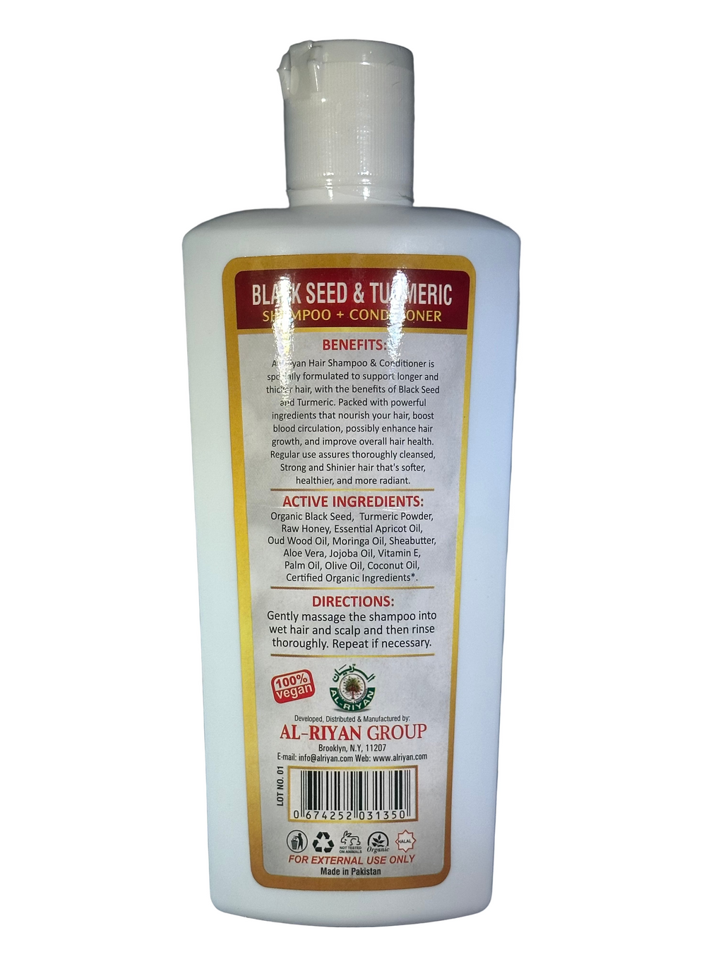 Al-Riyan Black Seed & Turmeric Shampoo/Conditioner - Organic Haircare with Coconut Oil, Olive Oil, & Cucumber Extract for Strength & Shine - Honey