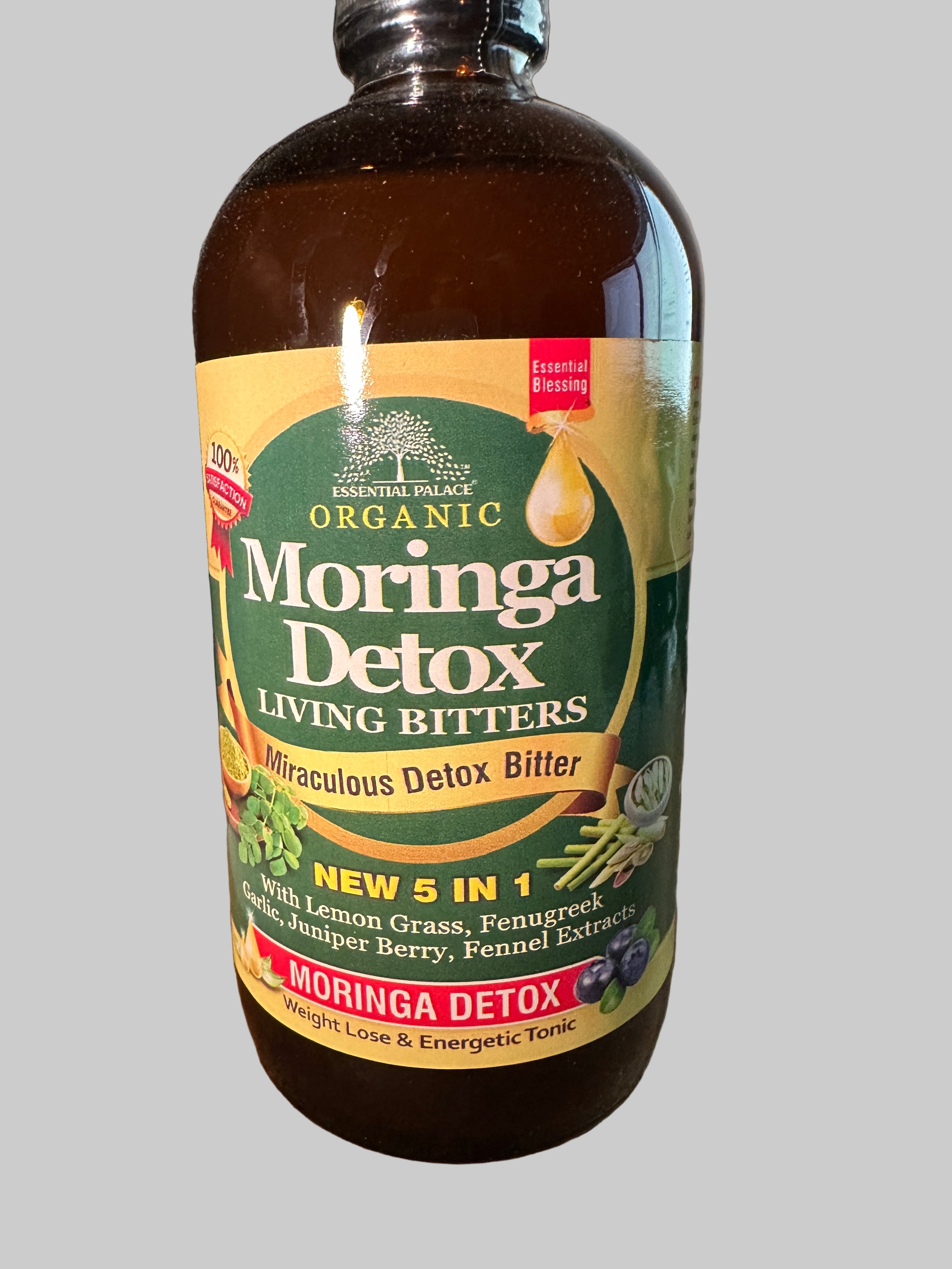 Essential Palace Organic Moringa Detox Living Bitters 5 in 1 with Lemon Grass Fenugreek Garlic Juniper Berry Fennel Extracts