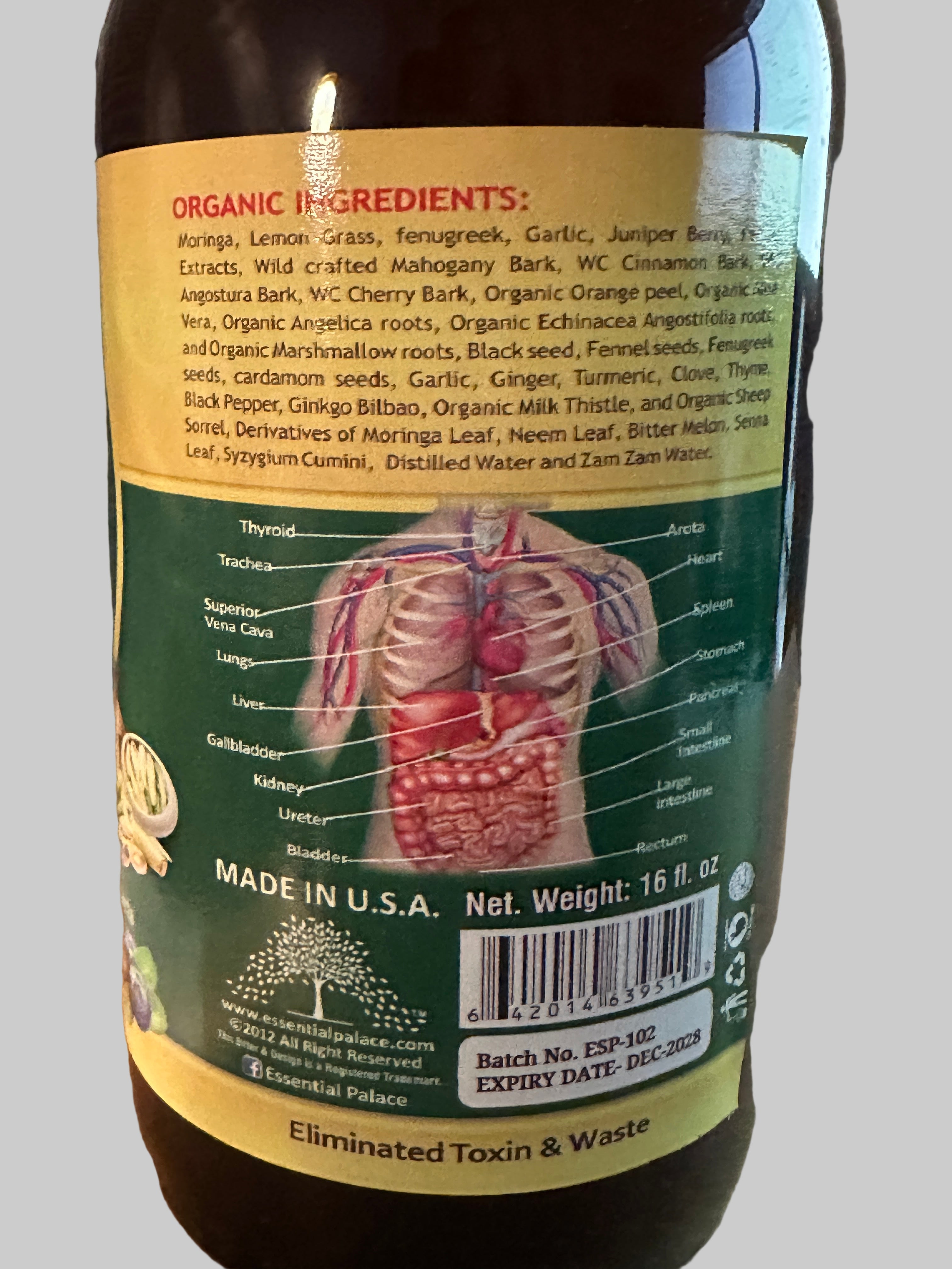 Essential Palace Organic Moringa Detox Living Bitters 5 in 1 with Lemon Grass Fenugreek Garlic Juniper Berry Fennel Extracts